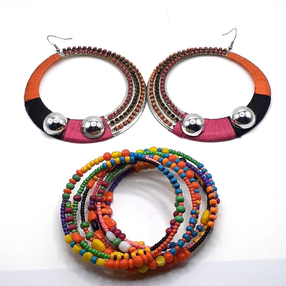Mod Boho Jewelry Set Colorful Festival Dangle Hoops Earrings Memory Brac… - Picture 2 of 4